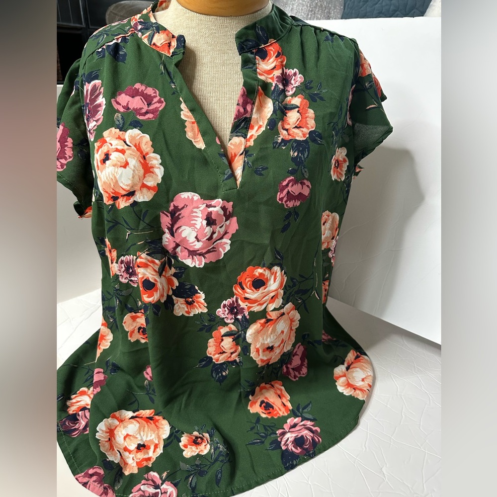 Stella Tweed Olive Green Floral V-Neck Blouse with Pink & Peach Blooms